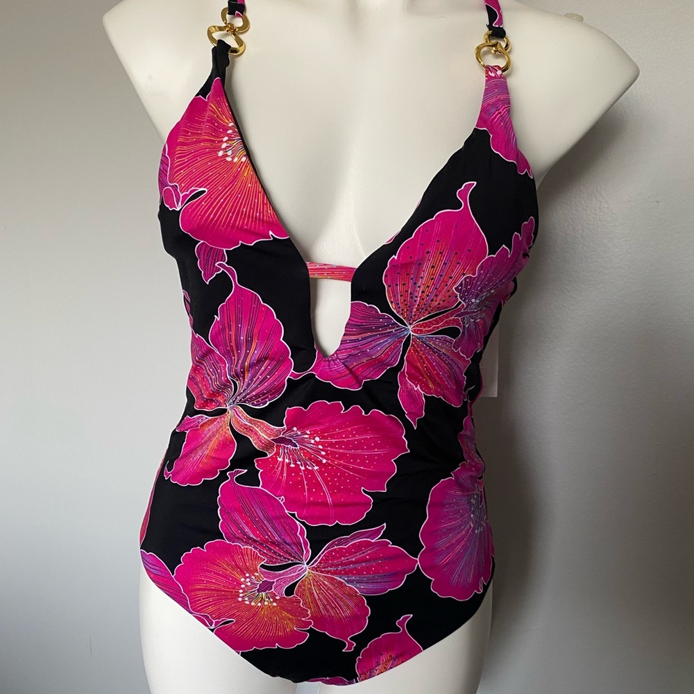 Trina Turk Black One-Piece Swimsuit with Pink Floral Print